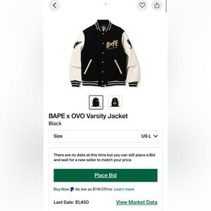 BAPE X OVO Varsity Jacket Men’s Large
